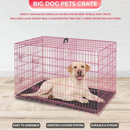 FDW Dog Crate for Large Dogs 42 Inch Folding Metal WirePet Cage Double Door W/Divider Panel Indoor Outdoor Kennel Leak-Proof Plastic Tray,Pink