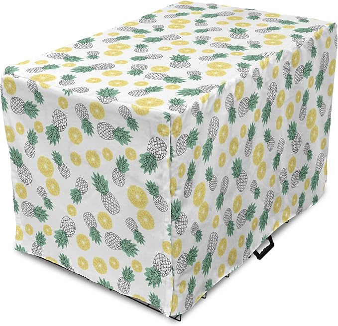 Lunarable Pineapple Dog Crate Cover, Doodle Style Whole and Sliced Pieces, Easy to Use Pet Kennel Cover for Cats & Medium Dogs, 30 Inch, White Yellow Jade Green