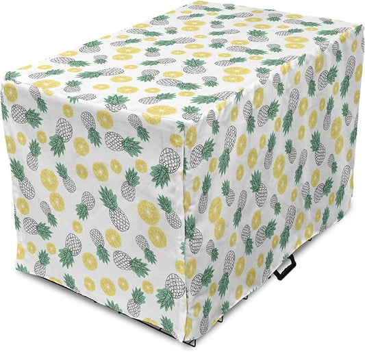 Lunarable Pineapple Dog Crate Cover, Doodle Style Whole and Sliced Pieces, Easy to Use Pet Kennel Cover for Small Dogs Puppies Kittens, 22 Inch, White Yellow Jade Green