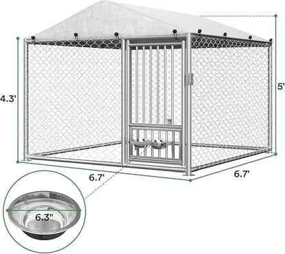 Rovibek 6.7'×6.7' Outdoor Dog Kennel with Roof, Outside Dog Kennel with Waterproof Sunproof Cover, Dog Kennels Outdoor and Enclosure with 2 Stainless Steel Bowls