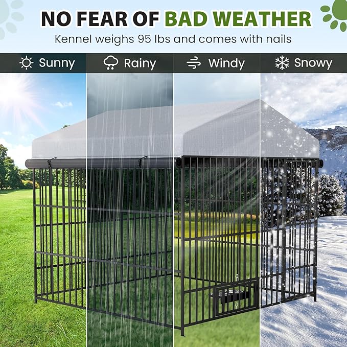 Rovibek Outdoor Dog Kennel with Roof, Dog Kennel Outside with 3 Sides Sun-Proof Cover, Large Outdoor Dog Playpen, Dog Run Enclosure with 2 Rotating Bowl for Small Medium Large Dogs