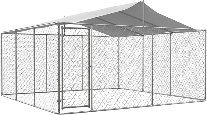 KELRIA Large Outdoor Dog Kennel with Waterproof Roof, Heavy Duty Dog Cage w/Secure Lock, Galvanized Steel Dog Fence House Enclosure, Dog Playpen for Outside Backyard, Silver (177.6x177.6x91.2 in)