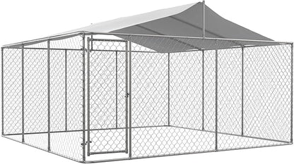 KELRIA Large Outdoor Dog Kennel with Waterproof Roof, Heavy Duty Dog Cage w/Secure Lock, Galvanized Steel Dog Fence House Enclosure, Dog Playpen for Outside Backyard, Silver (177.6x177.6x91.2 in)