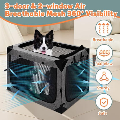 36X25X25 Inch Dog Crate, Large Dog Crate for Large or Medium Dogs, Portable and Foldable Design of Dog Cage, Perfect for Travel or Home Use, Dog Kennel with 3-Door and Durable Mesh Windows, Grey