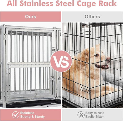 48" Heavy Duty Dog Crate Cage Kennel with Wheels, Full Stainless Steel High Anxiety Indestructible Dog Crate, Sturdy Locks Design, Double Door Small Door Design & Removable Tray Design (Silver)