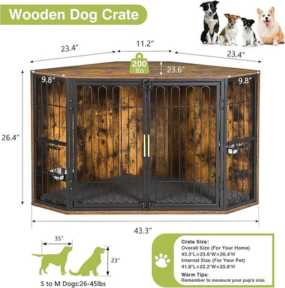 VECELO Corner Dog Crate Furniture, 43.3" Indoor Dog Kennel Indoor with Cushion & 2 Removable Trays, Wooden Dog Cage Decorative Pet House End Table for Large/Medium Dogs,Brown