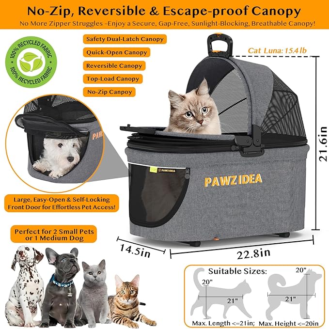 PAWZIDEA Portable Small Dog Crate for Car Travel, Enclosed Pet Car Seats for Small/Medium Dogs & Cats, Reversible No-Zip Canopy, Soft-Sided Pet Carrier Cage, Collapsible Travel Dog Kennel, Chew-Proof