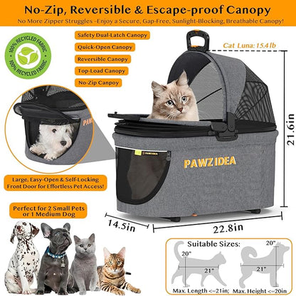 PAWZIDEA Portable Small Dog Crate for Car Travel, Enclosed Pet Car Seats for Small/Medium Dogs & Cats, Reversible No-Zip Canopy, Soft-Sided Pet Carrier Cage, Collapsible Travel Dog Kennel, Chew-Proof