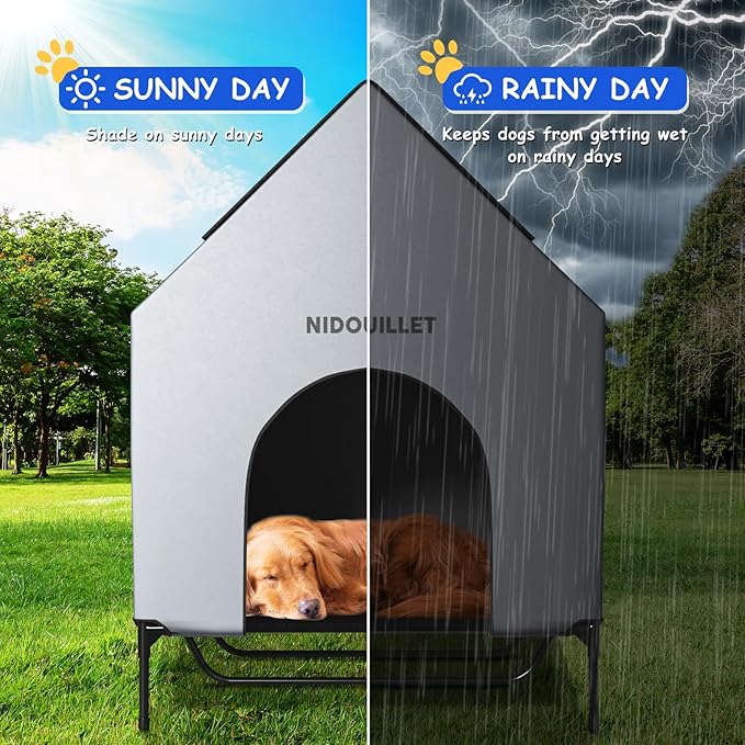 Nidouillet 48" Large Dog House for Outdoor or Indoor, Weatherproof 600D PVC Large Dog House with 8.5" H Textilene Elevated Dog Bed Breathable, Easy to Clean, Dog House Max 200lbs