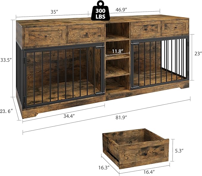 IDEALHOUSE 82” Large Dog Crate for 2 Dogs, Dog Kennel Indoor with 4 Drawers and Shelves, Double Dog Crate Furniture TV Stand, Wooden Dog Cage for Medium Large Dogs, Brown