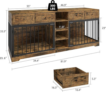 IDEALHOUSE 82” Large Dog Crate for 2 Dogs, Dog Kennel Indoor with 4 Drawers and Shelves, Double Dog Crate Furniture TV Stand, Wooden Dog Cage for Medium Large Dogs, Brown