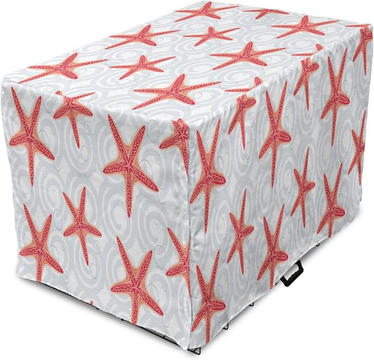 Lunarable Starfish Dog Crate Cover, Tropical Ocean with Sea Bubbles on Wavy Spiral Backdrop, Easy to Use Pet Kennel Cover for Cats & Medium Dogs, 30 Inch, Dark Coral Salmon