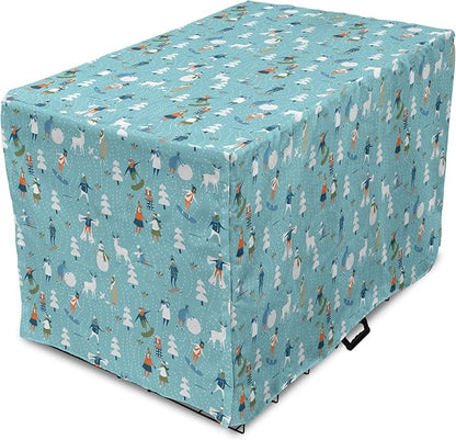 Lunarable Christmas Dog Crate Cover, Winter Games Theme Pattern with Snowman Trees Snowboard Reindeer and Adults, Easy to Use Pet Kennel Cover for Cats & Medium Dogs, 30 Inch, Multicolor