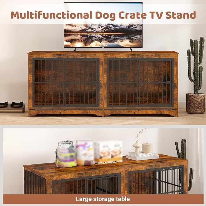 86 Inch Double Dog Crate Furniture with Divider, Large Dog Kennel Furniture for 2 Dogs with 4 Combination Forms, Brown Corner Dog Crate for Small Medium Large Dogs