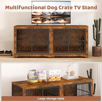 86 Inch Double Dog Crate Furniture with Divider, Large Dog Kennel Furniture for 2 Dogs with 4 Combination Forms, Brown Corner Dog Crate for Small Medium Large Dogs