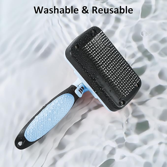 Dog & Cat Hair Brush,Self Cleaning Slicker Brush for Long Short Hair,Shedding & Grooming Pet Brush with Soft Bristle and Release Button,Blue