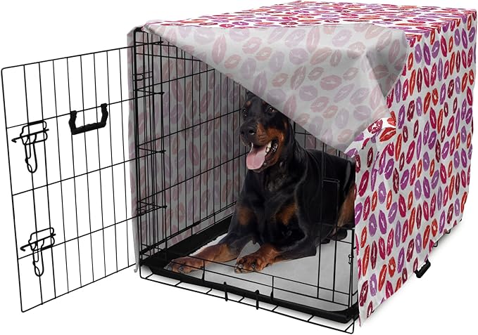 Lunarable Kiss Dog Crate Cover, Fun Colorful Design Lipsticks Kisses Fashion Illustration Print Artwork, Easy to Use Pet Kennel Cover for Medium Large Dogs, 42 Inch, Fuchsia and Raspberry