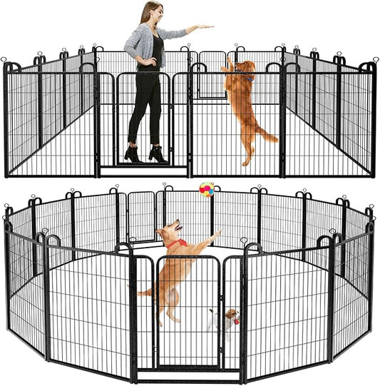 Dog Playpen Outdoor 16 Panels Heavy Duty Dog Fence 40" Height Anti-Rust with Doors Portable for RV Camping Yard, Total 36FT, 103 Sq.ft, Snowy Black