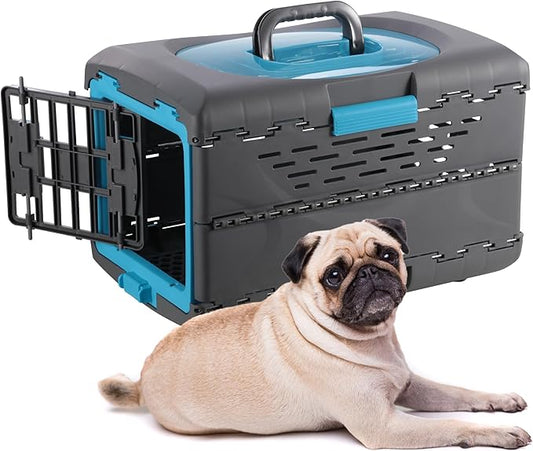 Pet Genius Collapsible Pet Crate, Ultra-Lightweight Portable Kennel with Dual Hinge Door, Folds to 5 Inches, Weighs 4.5lbs, Multiple Vents and Windows for Home and On The Go, 19x12x12.5, Blue