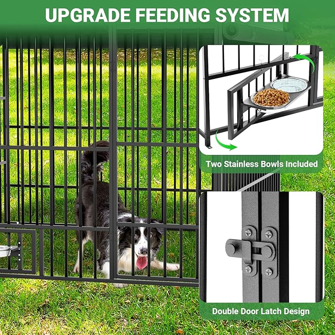 Outdoor Dog Kennel - 6.6 x 6.6 x 6.4 ft Outside Dog Kennel with Roof, Large Dog Outdoor Kennel with Rotating Feeding Bowls for Medium Small Dogs