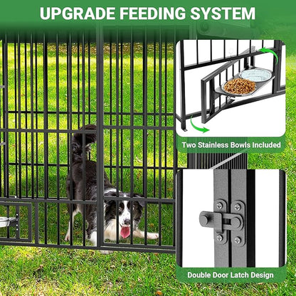 Outdoor Dog Kennel - 6.6 x 6.6 x 6.4 ft Outside Dog Kennel with Roof, Large Dog Outdoor Kennel with Rotating Feeding Bowls for Medium Small Dogs