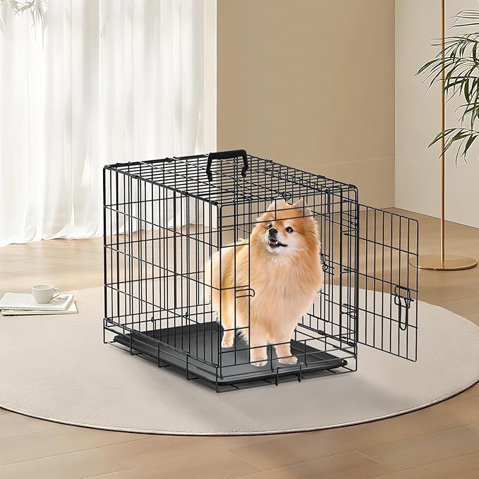 MoNiBloom 24/30/36/42/48 Dog Crates, Foldable Metal Wire Dog Cage with Double-Door, Outdoor Indoor Pet Kennels, Includes Leak-Proof Pan, Divider Panel, Black, 24"