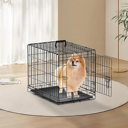 MoNiBloom 24/30/36/42/48 Dog Crates, Foldable Metal Wire Dog Cage with Double-Door, Outdoor Indoor Pet Kennels, Includes Leak-Proof Pan, Divider Panel, Black, 24"