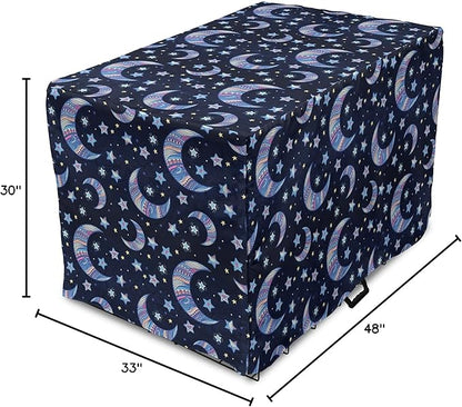 Lunarable Bohemian Stars Dog Crate Cover, Crescent Moon and Night Sky Elements Motif Curvy Background, Easy to Use Pet Kennel Cover for Medium Large Dogs, 48 Inch, Pink Blue