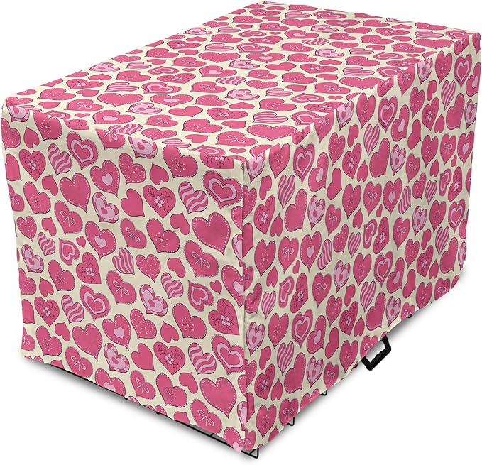 Lunarable Hearts Dog Crate Cover, Valentines Day Inspired Heart Designs with Various Styles Curved Lines Flowers Bows, Easy to Use Pet Kennel Cover for Small Dogs Puppies Kittens, 22 Inch, Cream Pink