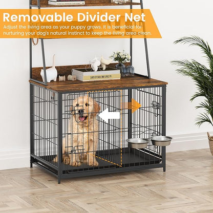 Furniture Style Dog Crate - Adjustable Feeder with Elevated Bowls, Dog Kennel Furniture with -up Top, Multifunctional Dog House End Table, Versatile Dog Cage with Storage, Brown