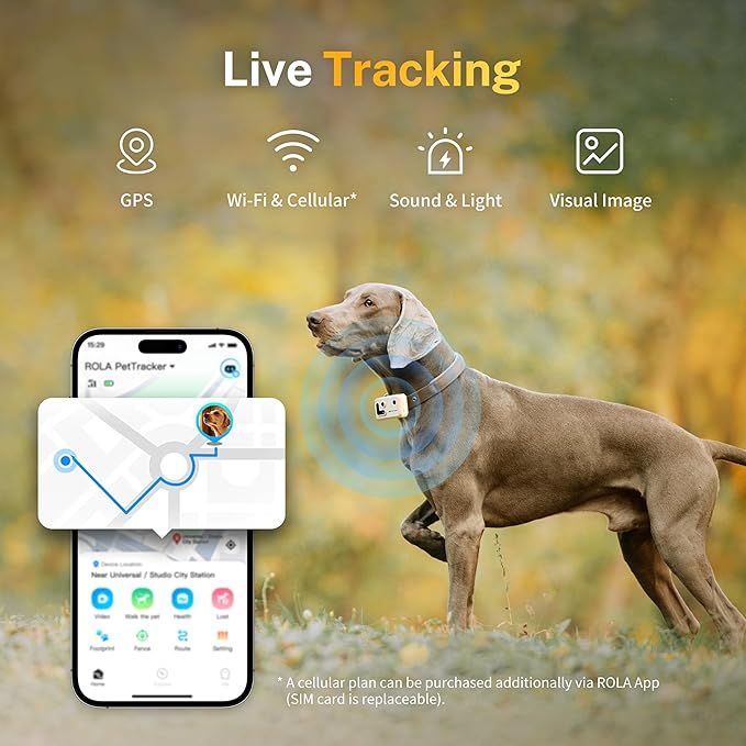 ROLA PetTracker GPS Tracking for Dogs: Live GPS Location, Cellular & WiFi, Replacable SIM Card, Geofencing, Built-in Light and Sound, Camera for Image Positioning (Yellow)