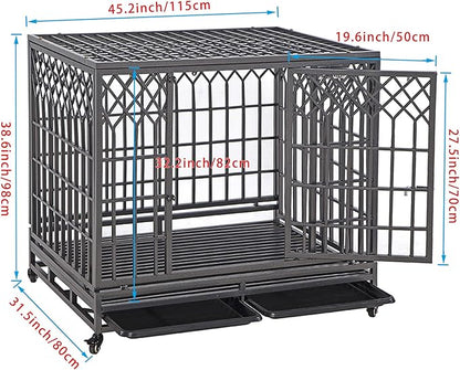 SMONTER 46" Heavy Duty Dog Crate Strong Metal Pet Kennel Playpen with Two Prevent Escape Lock, Large Dogs Cage with Wheels, Y Shape, Dark Silver …