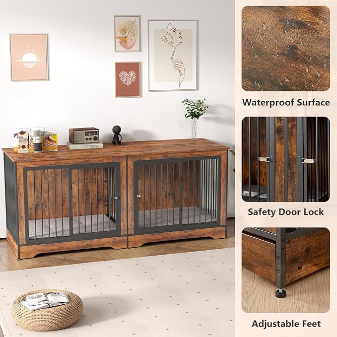 Rovibek Double Dog Crate, TV Stand, 75 Inch Dog Crate Furniture for 2 Dogs, Dog Kennel Indoor with Double Doors, Dog Cage with Removable Divider for Large Medium Dogs, Brown