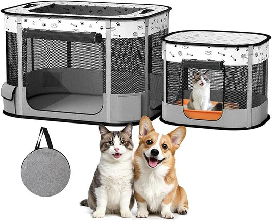 Portable Cat Playpen, Foldable Pet Dog Playpen, for Kitten Puppy Play Pen Indoor/Outdoor, Cats Enclosure Cages Tent with Carrying Case, 600D Oxford 8-Rods, 32"x24"x22", Grey