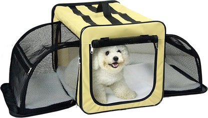 PET LIFE 'Capacious' Dual-Sided Expandable Spacious Wire Folding Collapsible Lightweight Pet Dog Crate Carrier House, X-Large, Khaki