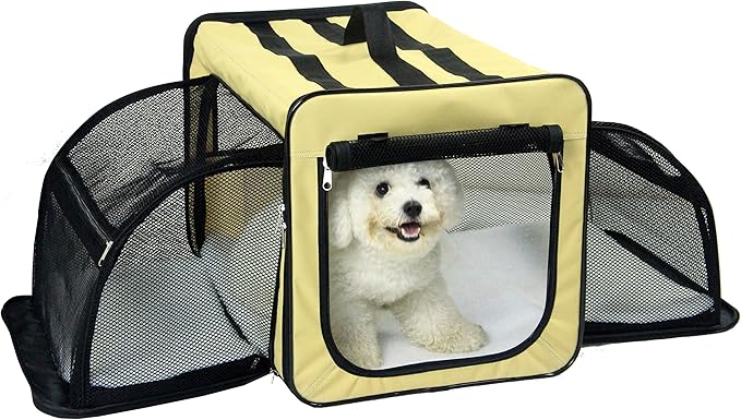 PET LIFE 'Capacious' Dual-Sided Expandable Spacious Wire Folding Collapsible Lightweight Pet Dog Crate Carrier House, X-Large, Khaki