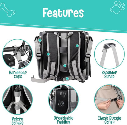 Dog Bike Basket, Mesh Windows, 2 Safety Leashes, Soft Sided, Safe Comfortable Pet Carrier for Small Dogs, Cats (Black)