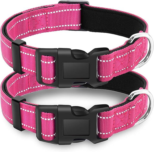 2 Pack Reflective Dog Collar with Safety Locking Buckle, Adjustable Soft Breathable Comfortable Nylon Pet Collar for Small, Medium and Large Dogs, Hotpink, M