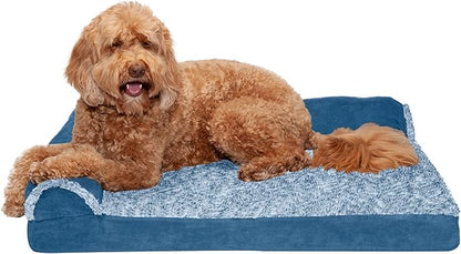 Furhaven Orthopedic Dog Bed for Large/Medium Dogs w/ Removable Bolsters & Washable Cover, For Dogs Up to 55 lbs - Two-Tone Plush Faux Fur & Suede L Shaped Chaise - Marine Blue, Large