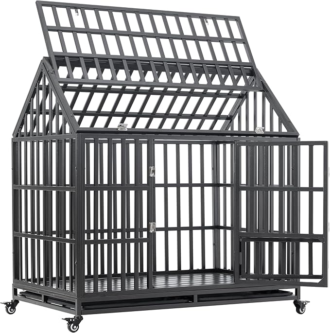 NicBex 47.2 Inch Heavy Duty Dog Crate Strong Metal Pet Kennel Playpen and Crate with Roof,Removable Trays and Wheels,Furniture Style Dog Crate for Medium/Large Dogs,Black