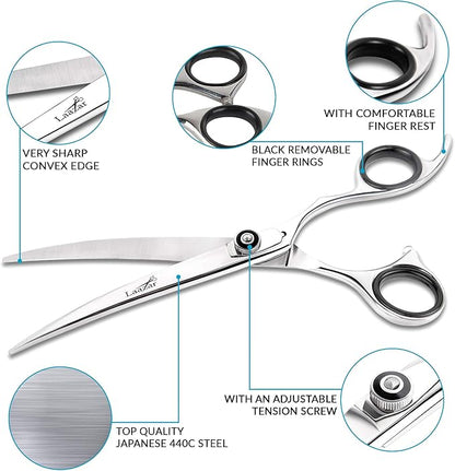 Laazar Professional 7.5 inch Curved Shears for Dogs and Cats | Tension Adjustable Pet Grooming Scissors | 440C Japanese Stainless Steel | Groomers Tool for Men and Woman Leather case Included