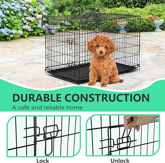 FDW 24 inch Dog Crate Dog Kennel Cage with Double Door Folding Metal Wire Dog Cage with Removable Tray&Divider Panel,Pet Crate for Small Dogs,Black