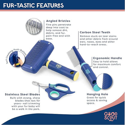 Good Scout 3-Piece Grooming & Deshedding Set with Pet Comb, Self-Cleaning Slicker Brush & Pet Nail Clippers, Best Deshedding Tool for Long or Short Haired Dogs & Cats, Gentle & Safe Grooming Tool
