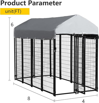 FDW 8 x 4 x 6 Ft Dog Kennel Outdoor Welded Wire Heavy Duty Playpen Dog Crate Cage with Waterproof Cover Roof and UV Resistant Pet Kennel Fence with Secure Lock, Black