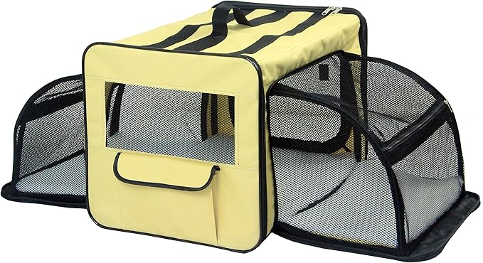 PET LIFE 'Capacious' Dual-Sided Expandable Spacious Wire Folding Collapsible Lightweight Pet Dog Crate Carrier House, X-Large, Khaki