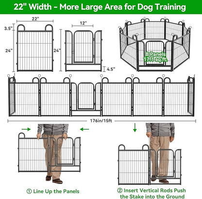 Puppy Playpen 8 Panels Small Dog Fence Outdoor Indoor Use 24" Height Anti-Rust with Doors Portable Dog Play Pen for RV Camping Yard, Total 15FT, 17 Sq.ft, Snowy Black