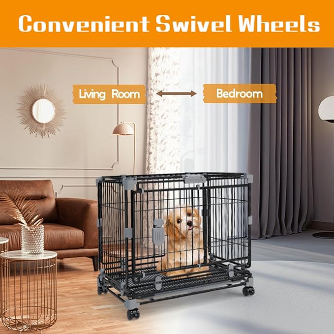 24" Dog Crate for Small Dogs, Double Door Dog Kennel with Removable Trays & Lockable Wheels, Escape Proof Metal Pet Cage, Stackable Indestructible Puppy Crate Indoor