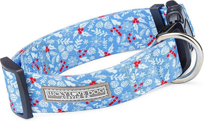 Lucky Love Dog Wide Dog Collar - Adjustable, Durable, Soft Webbing, & Comfortable 1.5 inch Wide Collar for Dogs Male and Female - in Winter Blue Pattern with Strong Buckle, Large Size