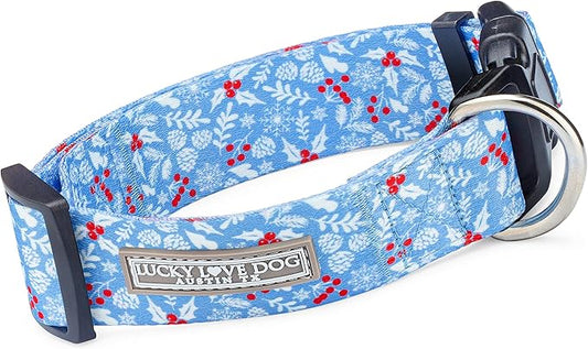 Lucky Love Dog Wide Dog Collar - Adjustable, Durable, Soft Webbing, & Comfortable 1.5 inch Wide Collar for Dogs Male and Female - in Winter Blue Pattern with Strong Buckle, Large Size