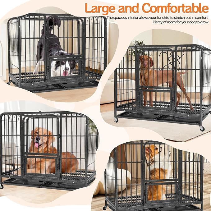 36 inch Metal Dog Crate, Dog Cage Medium Sized Dog, Heavy Duty Wire Dog Crate, High Anxiety Dog Cage Large Dogs Safe & Comfortable, Dog Kennel Indoor, Removable Cleaning Tray, 2 Lockable Wheels